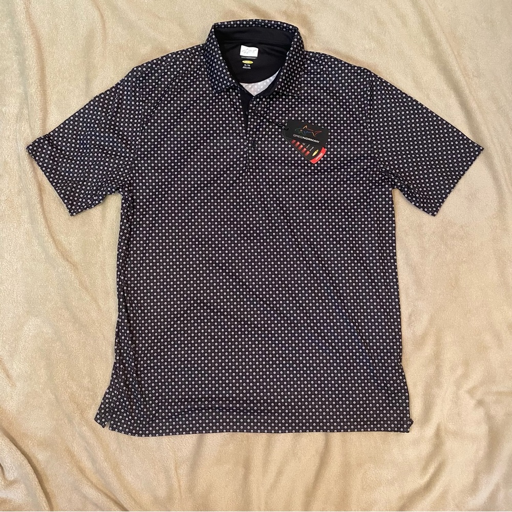 NWT Greg Norman Men Polo Golf Collared Shirt XL Circles Black Comfort PlayDry